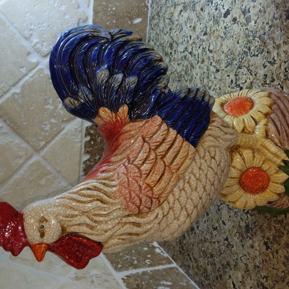Vintage Ceramic Rooster Figurine Crackle Glaze 12” Red White Blue Sunflower Base